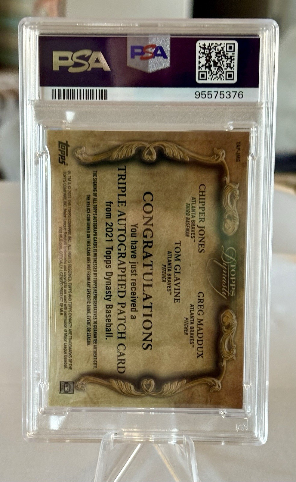 2021 Topps Dynasty - Triple Auto Patch Glavine, Jones, Maddux #TAP-JMG /5 Braves view 2