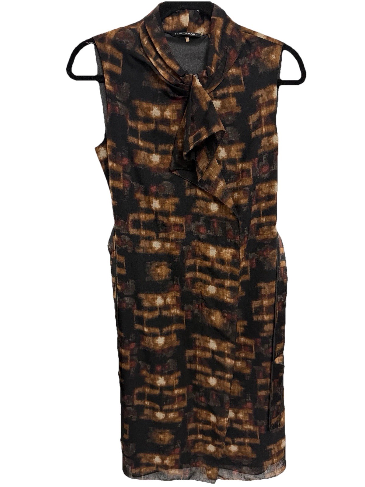 Elie Tahari Abstract Tie Neck Sheath Dress Womens Size 4 Black Brown Sleeveless