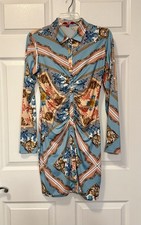 GUESS LA Women’s Dress Medium Blue Gold Chain Floral Print Ruched Bodycon