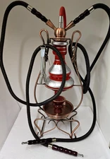 Vintage 22" RED & BLACK Brass & Glass Hookah with Silver Detail / 2 Hoses