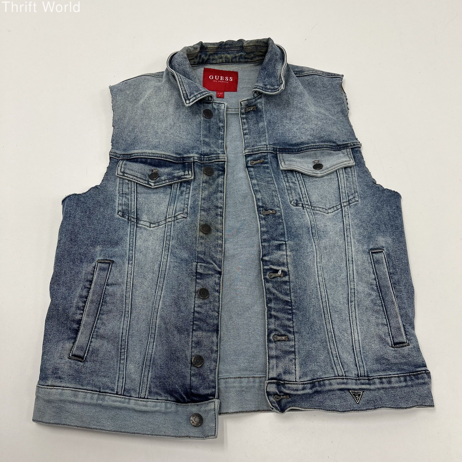 Guess Light Blue Acid Wash Trucker Cut Off Denim Vest Men's Size L