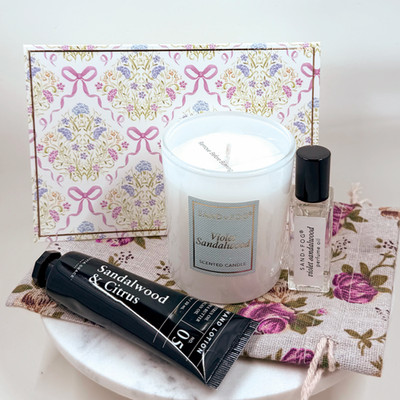 Sand + Fog Violet Sandalwood 5pc Gift Set Candle, Perfume Rollerball, Hand Cream