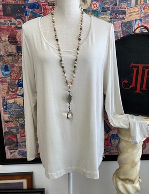 Marla Wynne Top sz L Cloud Ivory Stretch Jersey Knit Essential L/S Tee Shirt New