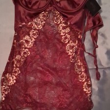 Women s Deep Red Teddy One Piece Bodysuit Size S Floral Semi-Transparent Thog