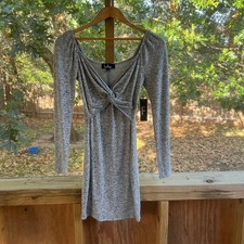 Lulus Heathered Grey Knotted Front Long Sleeve Dress Size S. NEW
