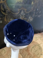 1960s Blue Velvet Pillbox Hat Passementerie Braid Rhinestone Studs Vintage