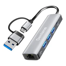 Denlane USB C USB 3.0 to Ethernet Adapter, 5 in 2 Gigabit USB Ethernet Hub fo...