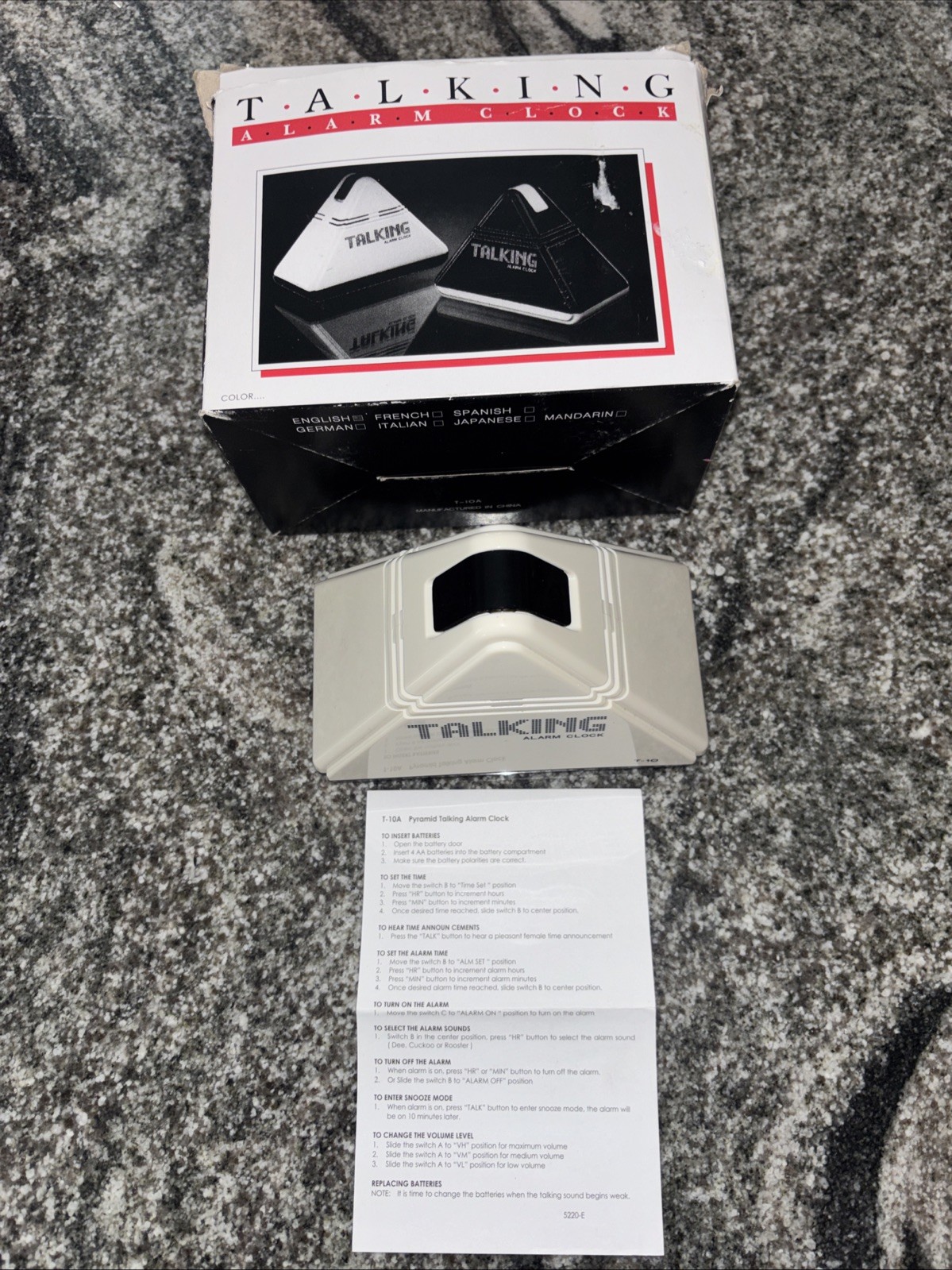 1980s Vintage T-10 Talking Alarm Clock White Pyramid Triangle w/ Box Works