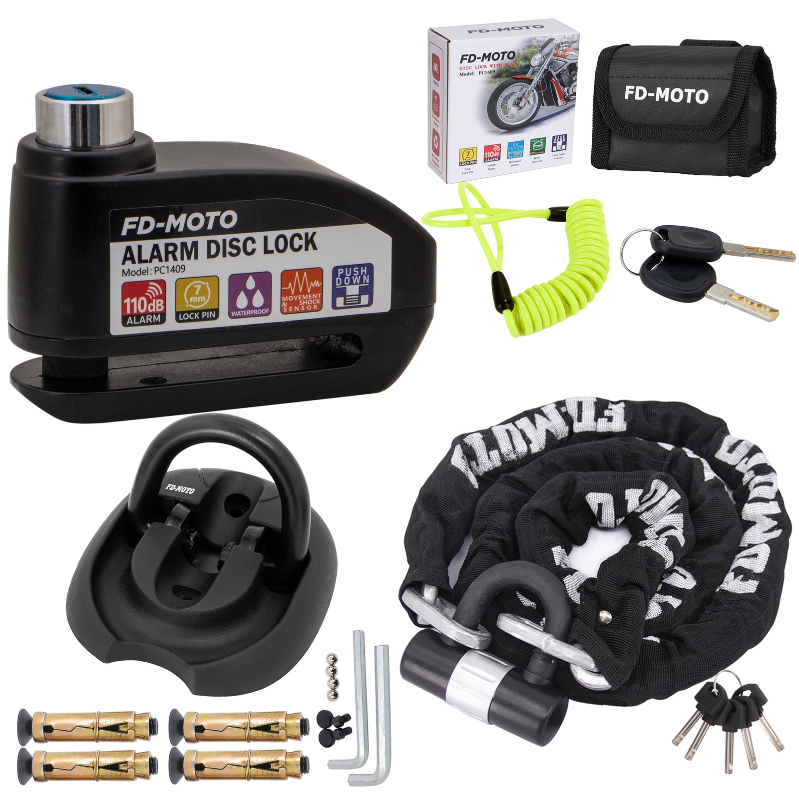 FD-MOTO 1.8M*10mm Motorbike Chain Lock & Alarm Lock & Ground/Wall Anchor & Cable
