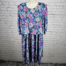 VTG M.C.S. ltd Multicolor Floral 3/4 Sleeve Neck Blouson Midi Dress USA 22WP
