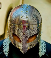 Viking Vendel Helmet With Chainmail Etched Steel Norse Armor LARP