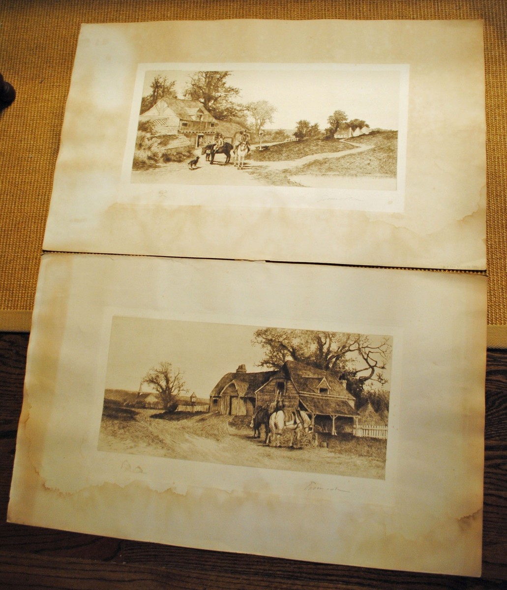 1978s Hand-drawn gridlines art 絵 ヴィンテージ 2 Antique 19th Century Artist Wayside Inn Etching Signed