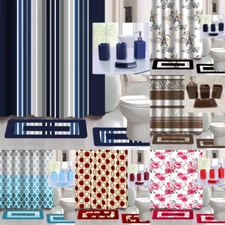 19PC COMPLETE BATHROOM BATH MATS PRINTED SHOWER CURTAIN W/CERAMIC ACCESSORY 