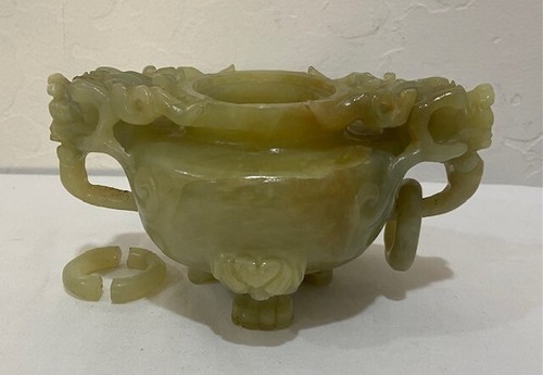 Vintage Chinese Green Jade Incense Burner w/Wooden Base Dragon Damaged - Picture 16 of 18