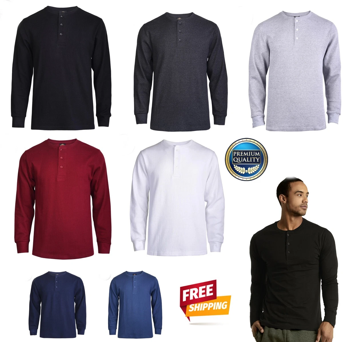 New Men Thermal Henley Shirt T shirts Long Sleeve Cotton Pullover
