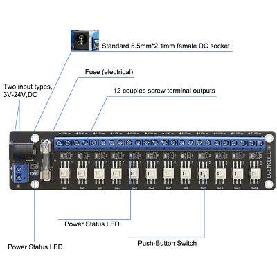 Evemodel 3V-24V DC Power Distribution Module 12 Channel Individual Switches