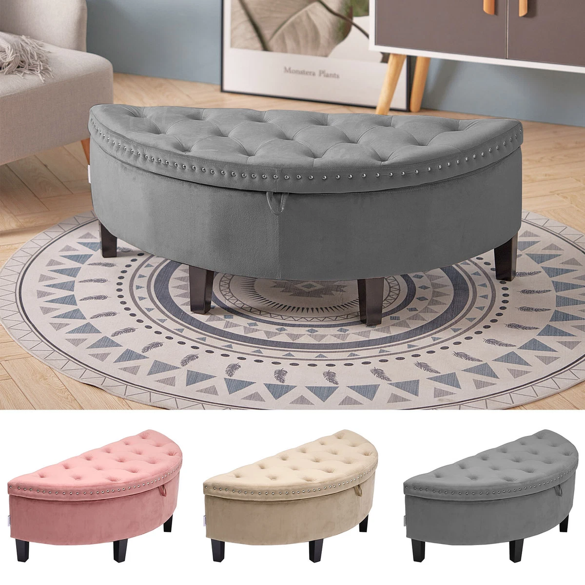 Velvet Ottoman Upholstered Bed End Storage Bench Hallway Window Blanket Box Seat