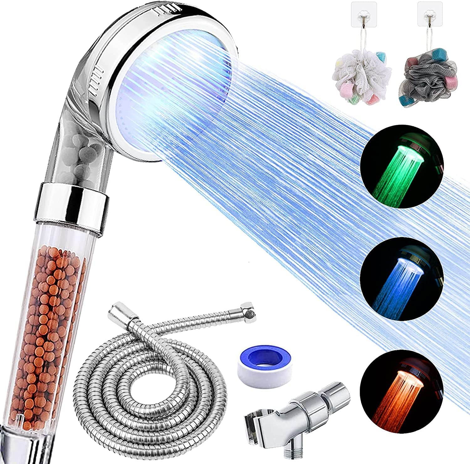 LED Shower Head with Handheld, High Pressure Shower Head with Hose, Holder & PTF