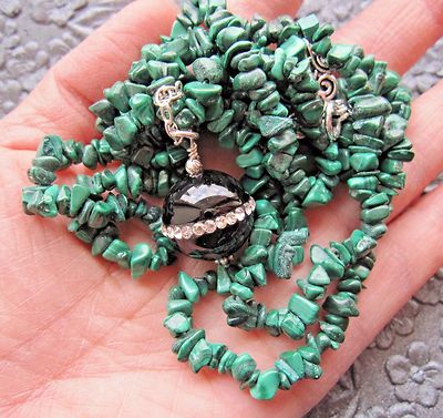 CELIA Y'S HANDMADE NECKLACE- MALACHITE & BLACK ONYX W/ RHINESTONE- 2 STRANDS/36''
