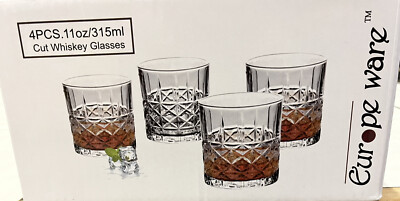 Europe Ware Set Of 4 Whiskey Glasses Cut Glass 11 oz Barware