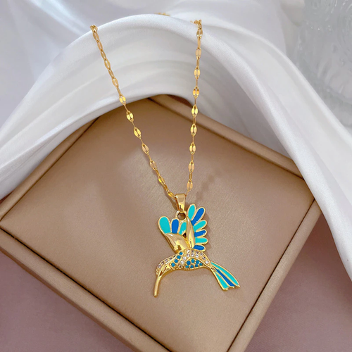 Damen Modeschmuck Gold Zirkon Blau Kolibri Anhänger Halskette 449 - Bild 4 von 6