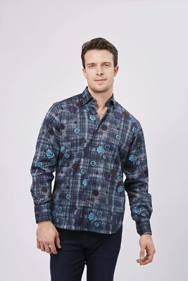 Luchiano Visconti Black Men's SZ S LS Shirt Floral Navy and Black Plaid