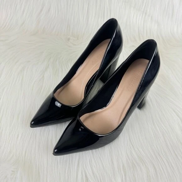 Zapatos de tacón grueso punta puntiaguda charol sintético bambú zapatos de salón de carrera negros 7 Foto 3 de 4