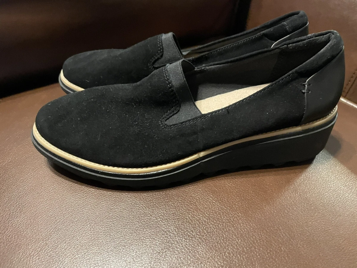 clarks sharon dolly black suede loafer wedge shoe 7.5 7 1 2