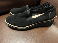 clarks sharon dolly black suede loafer wedge shoe 7.5 7 1/2