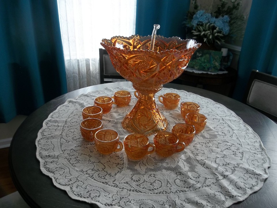 Vintage Marigold Carnival Glass Punch Bowl Set eBay