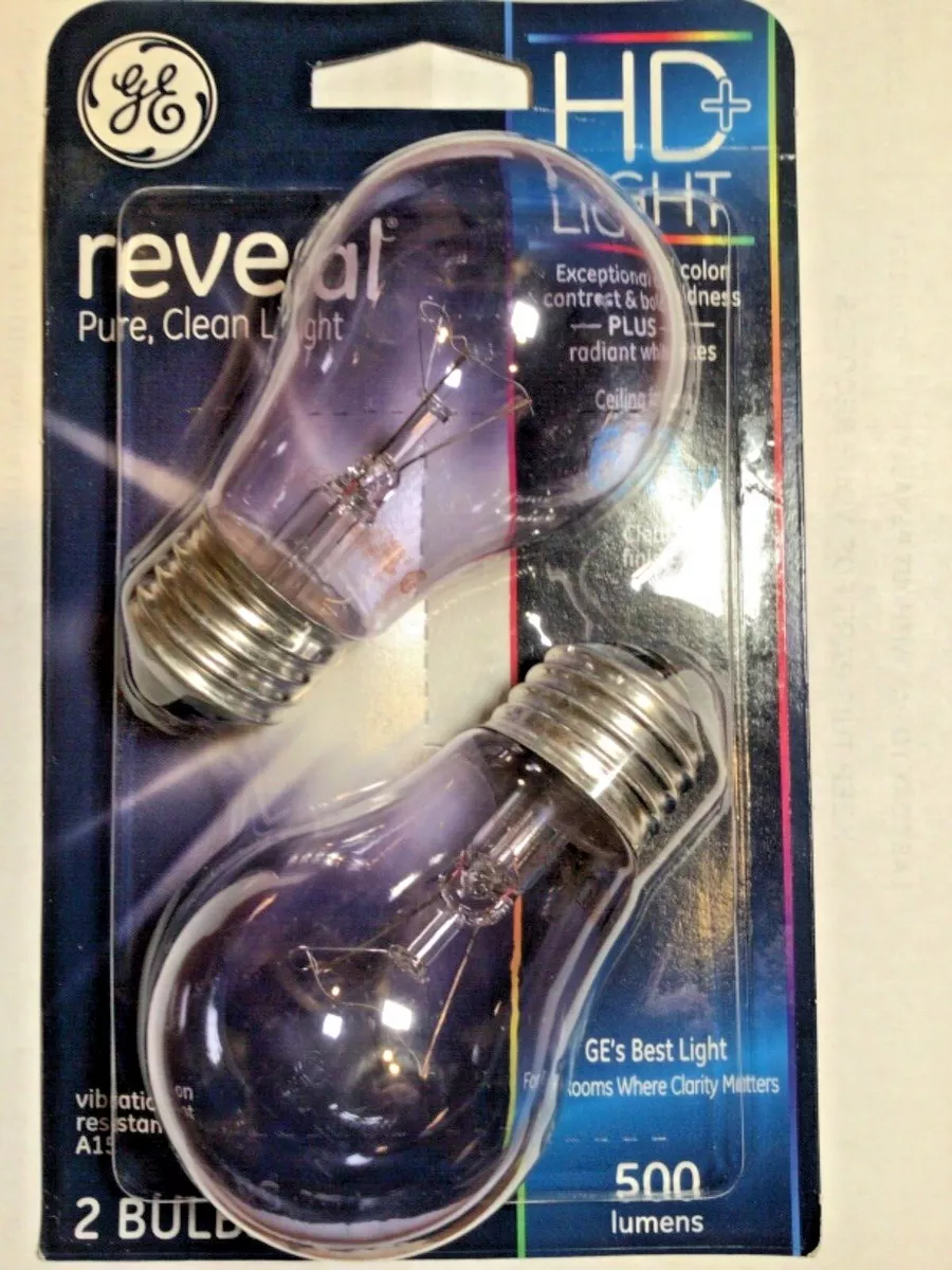2 NEW GE HD Reveal 60 Watt Clear A15 Vibration Resistant Ceiling Fan Light Bulbs