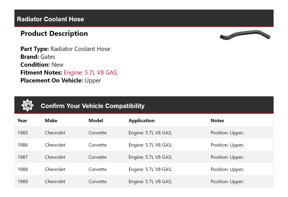 Manguera de refrigerante de radiador de gas V8 de 5,7 L para Chevrolet Corvette 1985-1989 puertas superiores Foto 2 de 4