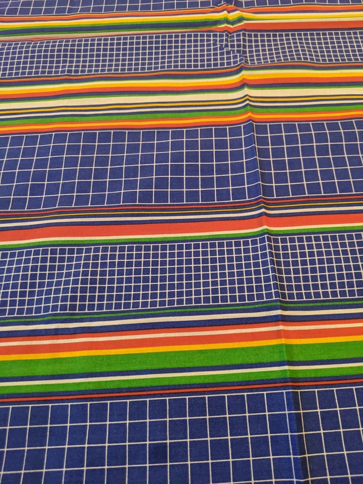Vtg Unique Bright Red/Blue/Green/Yellow Striped Graph Square Fabric 45"X 109" - Image 4 of 4
