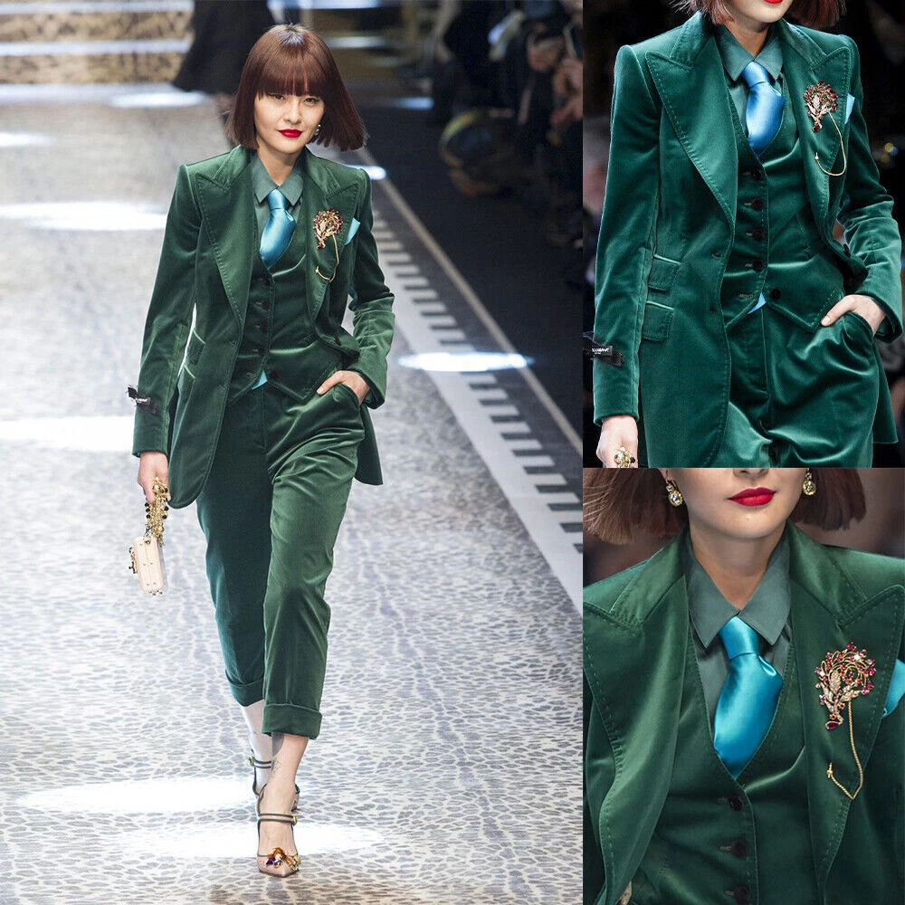 Green Velvet Women's Suit Slim 3 Pcs Lady Blazer Casual Tuxedos Party  Outfit