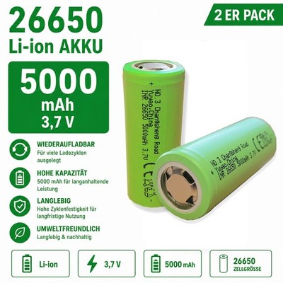 2x 26650 Li-Ion Akku 3,7V 5000mAh Hochleistung Akku wiederaufladbar 2-er Pack