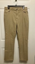 Women s LL Bean Size 16 16R Flat Front Classic Fit Cotton Khaki Brown Pants