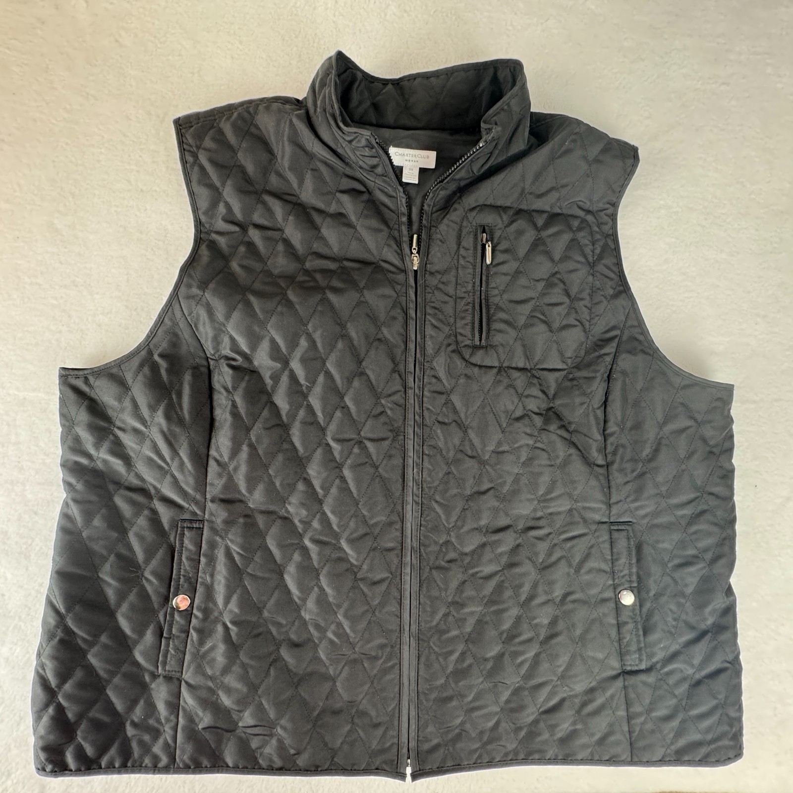 Charter Club Quilted Vest Women Sz 3X Black Zip Up Lightweight 3 Pockets