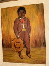 MEXICAN FOLK ART PAINTING NIÑO MEXICANO CON SOMBRERO A. KIBRIT 1957 LANDSCAPE