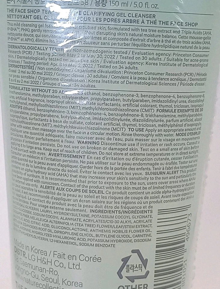 2 PACK THE FACE SHOP Clean Beauty Tea Tree Pore Clarifying Gel Cleanser K-Beauty - Image 2 of 3