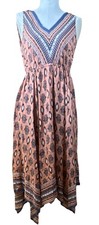 Casge's Women's Pink/Blue Geometric V-Neck Sleeveless Midi Rayon Woven Dress M
