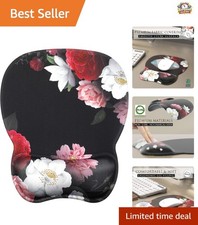 Non-Slip Ergonomic Mouse Pad with Smooth Surface  Gel Wrist Rest - Black Flower