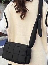 Black Nylon Woven Braided Padded Shoulder Bag Crossbody Cassete Handbag