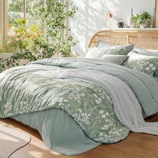 King Size Down Comforter Set - 7-Piece Floral Sage Green Soft Bedding Set