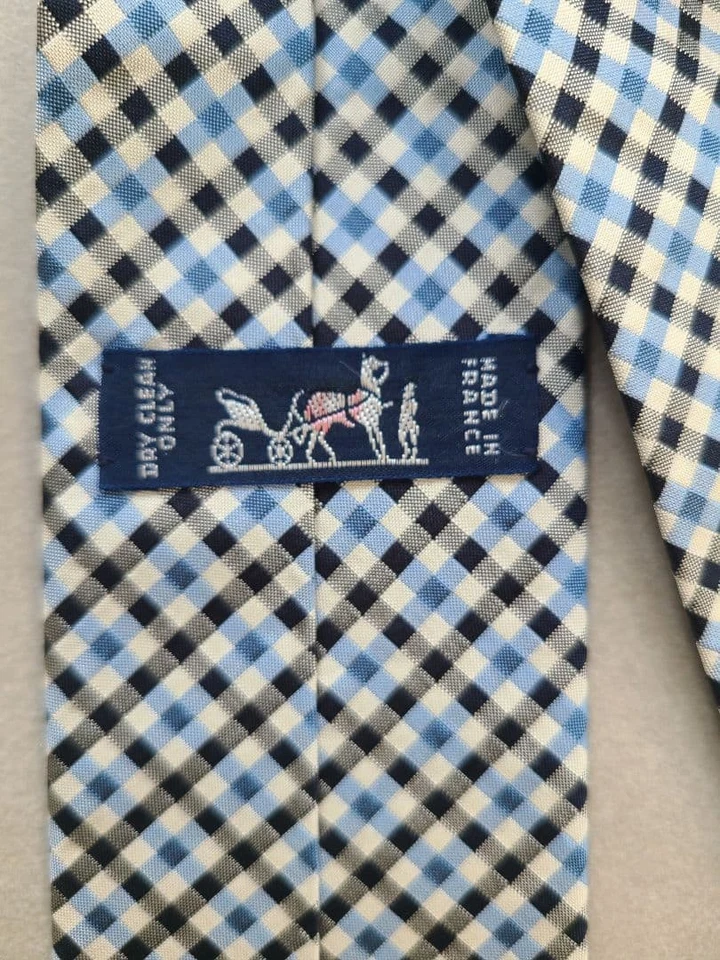 HERMES New Unused Neck Tie Blue Black Check 100%Silk Made in France - Image 4 of 4