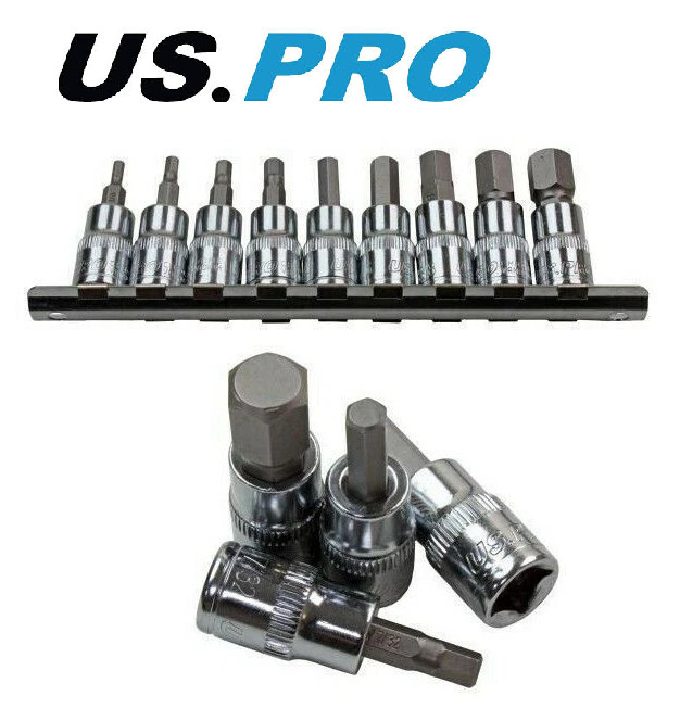 Us Pro Hex Allen Bit Socket Set 9pc 3/8"" Dr Sae Imperial On Rail 3385