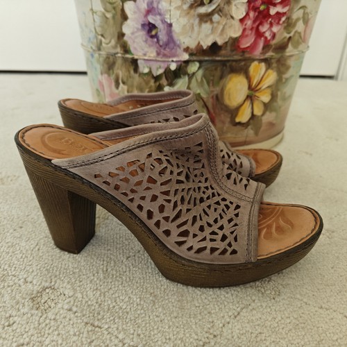 BORN Cut Out Tan Leather Slides Womens 8 M High Heels Sandal Shoes W22203 EUR 39 - Picture 19 of 24