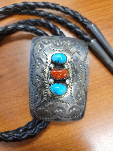 Vintage Native American Sterling Silver Bolo Tie with Turquoise and Coral