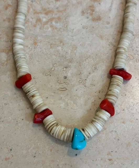 Southwest Vintage TURQUOISE / CORAL/ Heishi Shell Lot of 2 NECKLACES Handmade - Image 2 of 4
