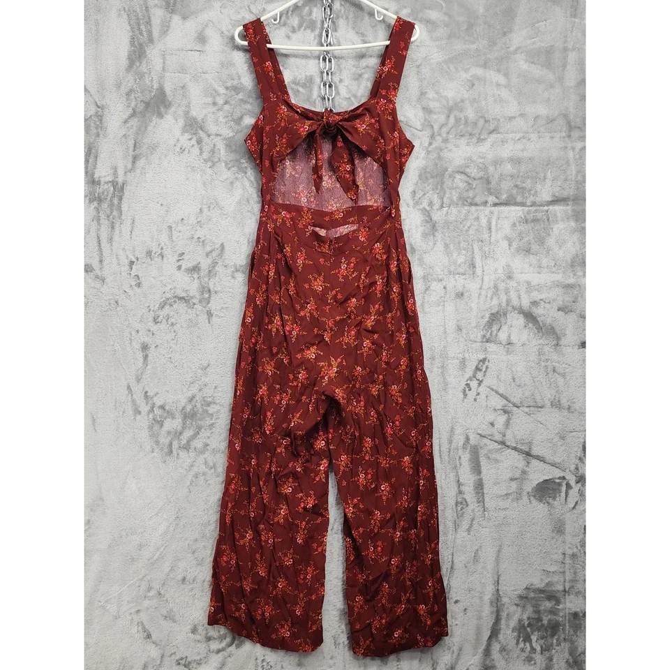 Madewell Jumpsuit Womens 2 Red Maroon Windowbox Floral Apron Bow-Back Zip Cutout - Image 4 of 4