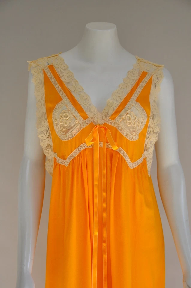 Antique VTG Edwardian Orange Silk Nightgown Dress w/ Lace Embroidery Gift S-L - Image 3 of 4
